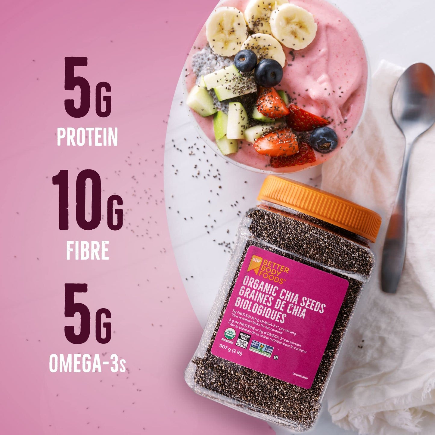 Betterbody Foods Organic Chia Seeds with Omega-3, Non-GMO, Gluten-Free, Vegan, Kosher, 2 pounds (907 grams) - Available at All In One Marketplace Canada