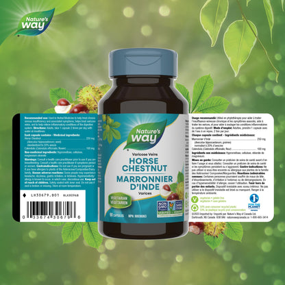 Nature's Way Horse Chestnut Supplement – Helps Treat Varicose Veins and Associated Symptoms – Digestive System Inflammation Relief – 100mg Calendula, 250mg Horse Chestnut – 90 Vegetarian Capsules - Available at All In One Marketplace Canada