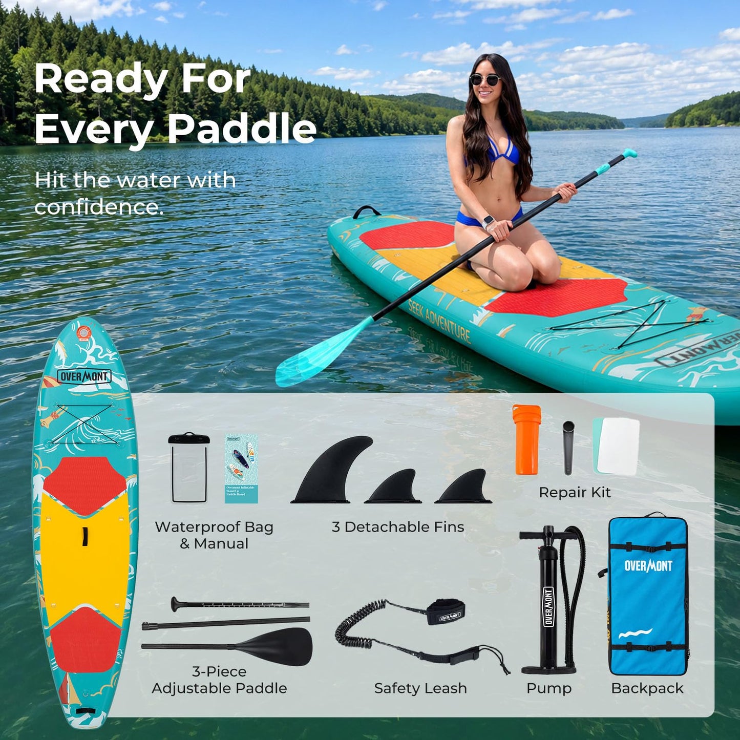 Overmont Inflatable Paddle Board 10'7" x 33" x 6", Extra Wide SUP for Adults & Beginners, 350 lb Stand Up Paddle Board with Adjustable Paddle, Pump, 3 Fins, Leash, Backpack & Repair Kit OVERMONT