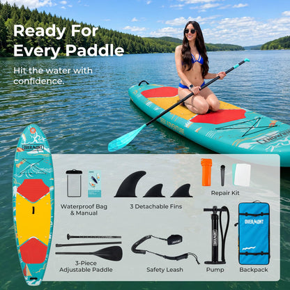 Overmont Inflatable Paddle Board 10'7" x 33" x 6", Extra Wide SUP for Adults & Beginners, 350 lb Stand Up Paddle Board with Adjustable Paddle, Pump, 3 Fins, Leash, Backpack & Repair Kit OVERMONT