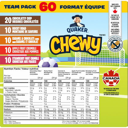 Quaker Chewy Variety Pack (Chocolatey Chip, Rocky Road, Caramel & Chocolate, Apple Fruit Crumble, Strawberry Fruit Crumble) Granola Bars (60 bars x 24g) 🍁 All In One Marketplace Canada