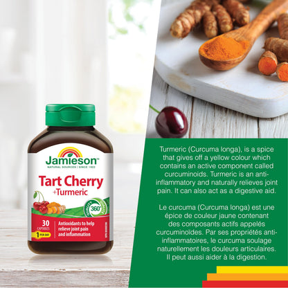 Jamieson Turmeric 100 mg with Tart Cherry 500 mg, Provides Natural Joint Pain Relief, Supports Inflammation, and Helps with Digestion. Non-GMO, 30 Vegetarian Capsules, Proudly Canadian - Available at All In One Marketplace Canada