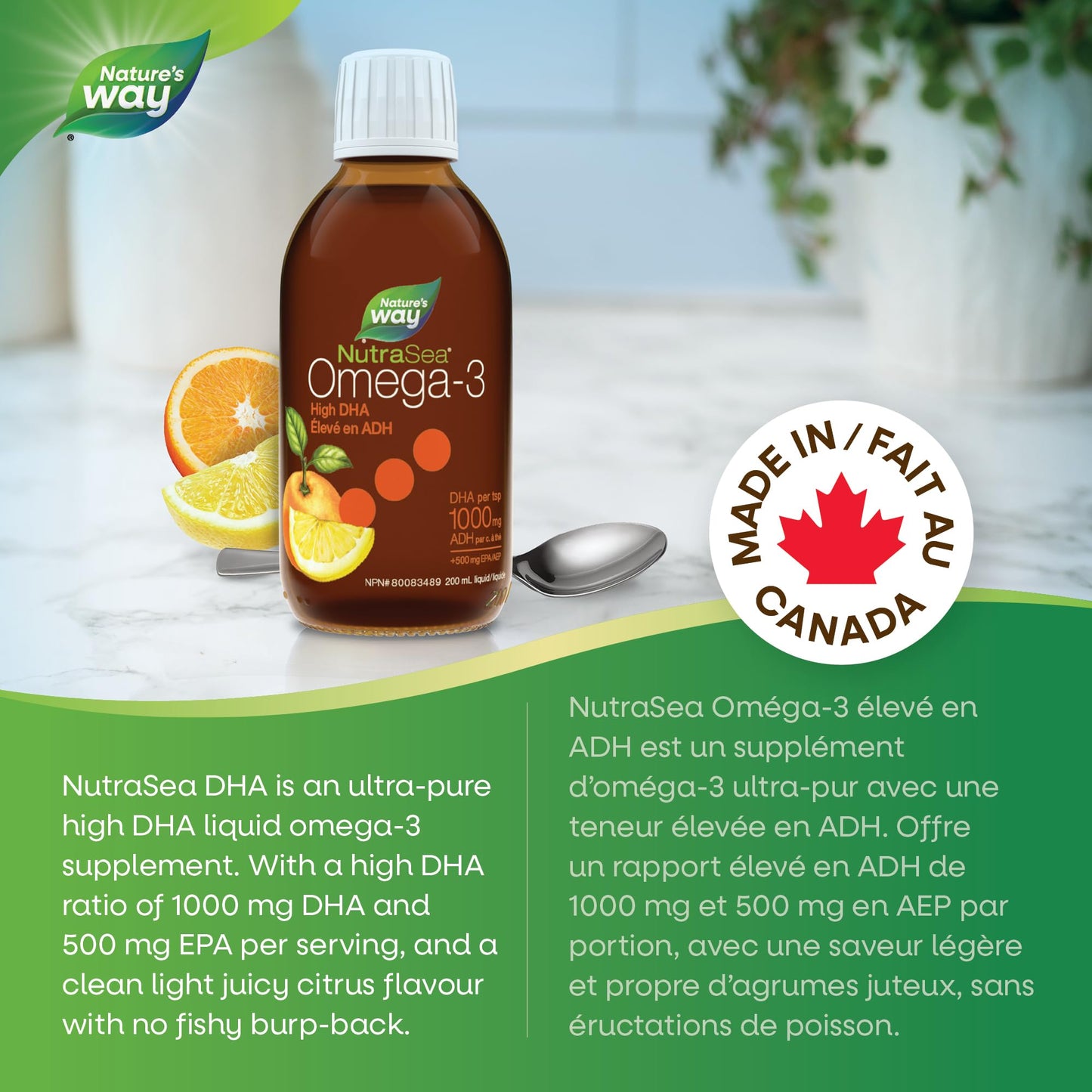 Nature's Way NutraSea High DHA Omega 3 Fish Oil Liquid Supplement for Adults and Kids Ages 14+ – Juicy Citrus Flavour, Non-GMO – Brain & Cognitive Support – 1500mg EPA & DHA, 200 mL Nature's Way