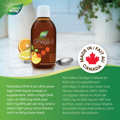 Nature's Way NutraSea High DHA Omega 3 Fish Oil Liquid Supplement for Adults and Kids Ages 14+ – Juicy Citrus Flavour, Non-GMO – Brain & Cognitive Support – 1500mg EPA & DHA, 200 mL Nature's Way
