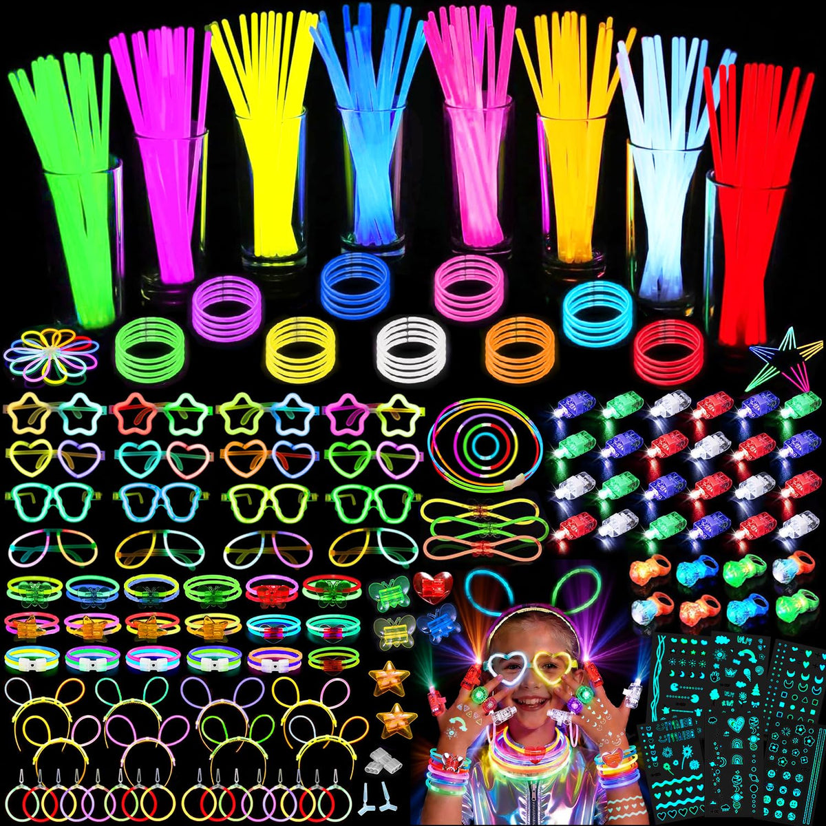 394Pcs Glow Sticks Bulk Party Pack, Halloween Christmas Glow in The Dark Party Favors Kids/Adults - 150 8” Glowsticks Bracelets with Accessories Set, Light Up Rings Finger Lights for Neon Party Decor 🍁 All In One Marketplace Canada