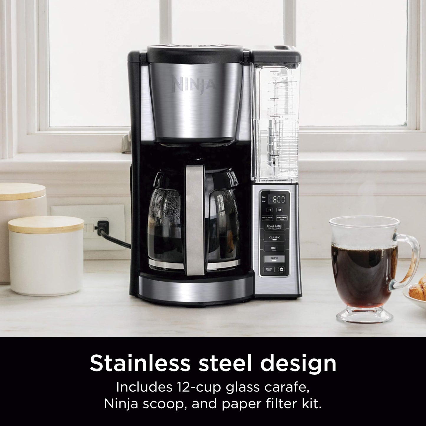 Ninja 12-Cup Programmable Coffee Maker with Glass Carafe – Classic & Rich Brew Styles, Delay Brew & Removable 60oz Water Reservoir, Black/Stainless Steel, CE250C (Canadian Version) Ninja