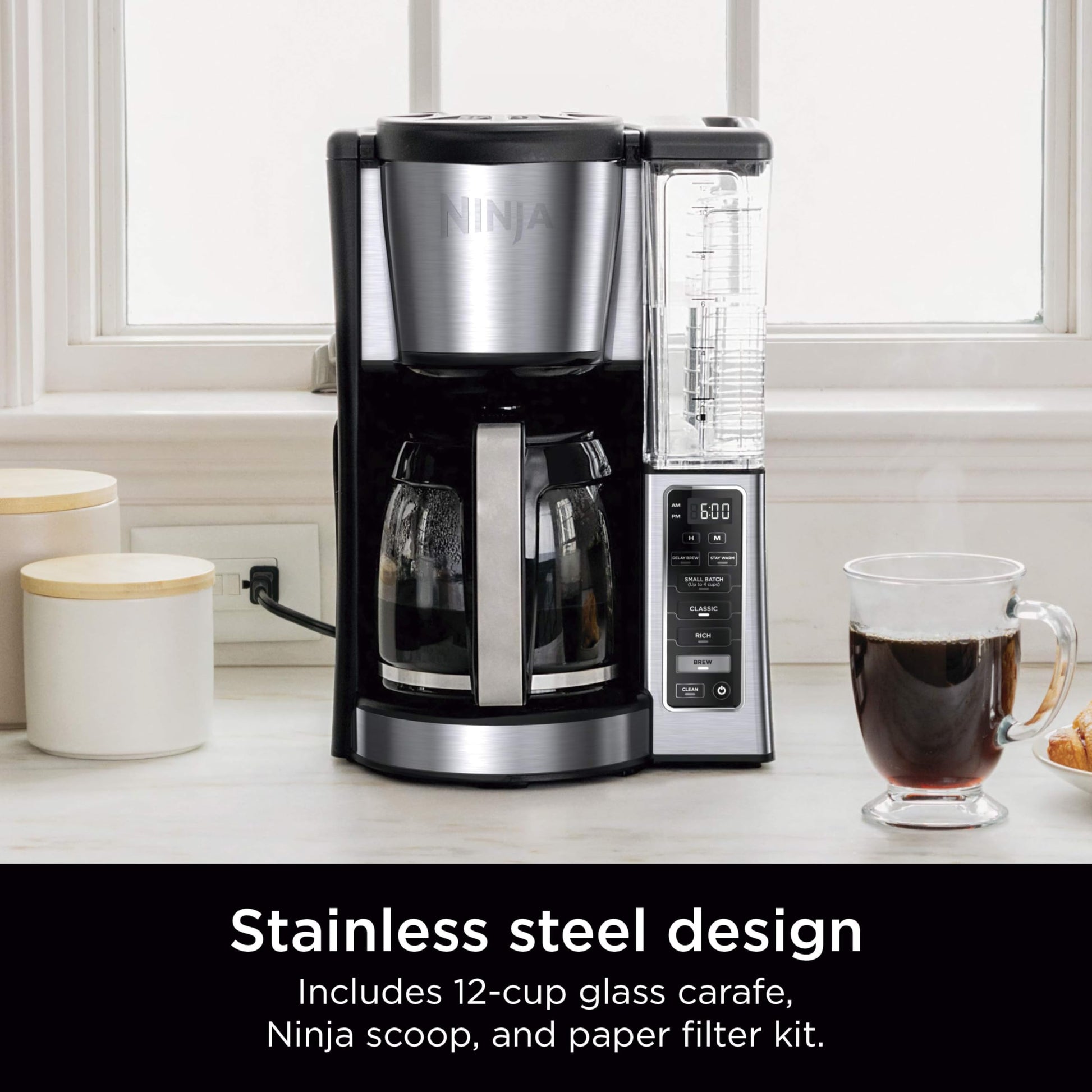 Ninja 12-Cup Programmable Coffee Maker with Glass Carafe – Classic & Rich Brew Styles, Delay Brew & Removable 60oz Water Reservoir, Black/Stainless Steel, CE250C (Canadian Version) Ninja