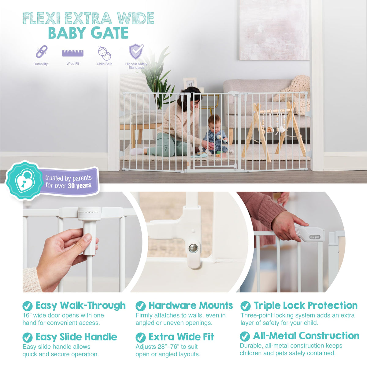 Regalo 76 Inch Super Wide Configurable Baby Gate, Includes 4 Pack of Wall Mounts and Hardware