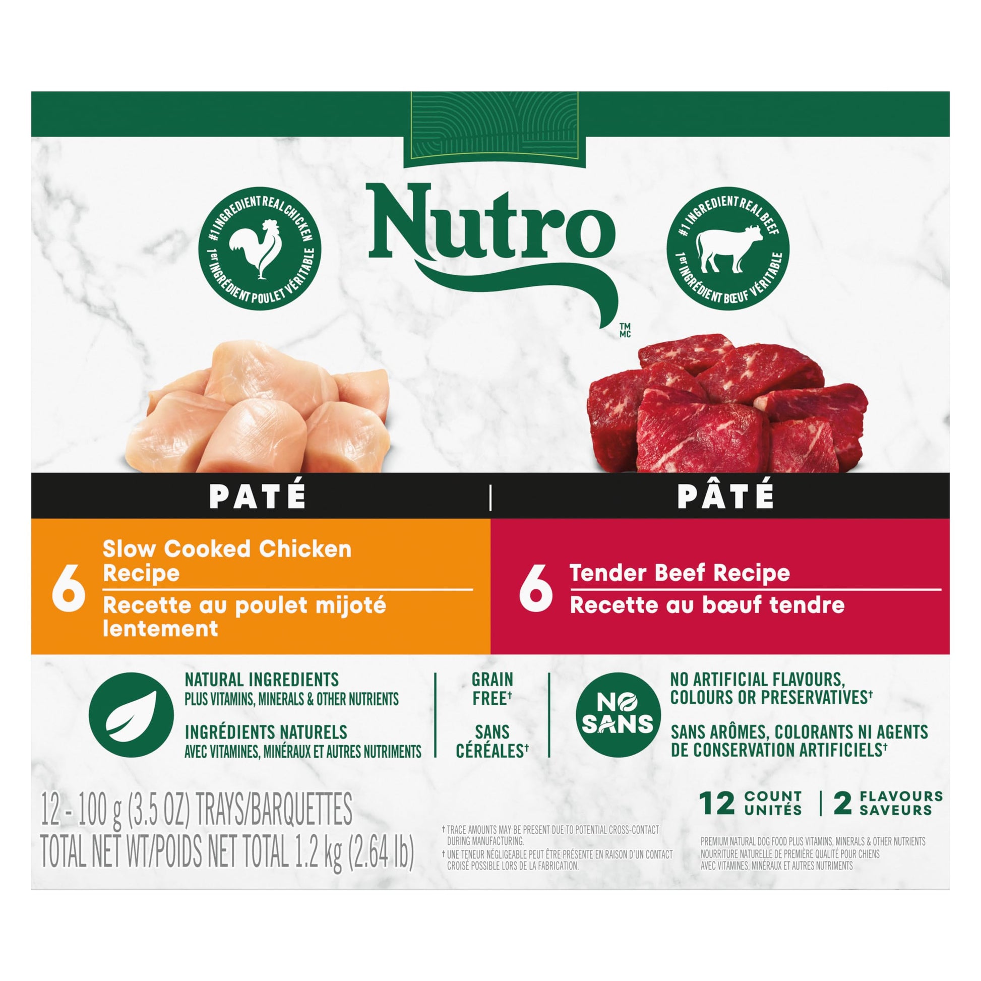 NUTRO Adult Wet Dog Food Paté, 6 Tender Beef, Sweet Potato & Carrot Recipe, 6 Slow Cooked Chicken, Potato, Carrot & Pea Recipe, 12x100g Trays Nutro