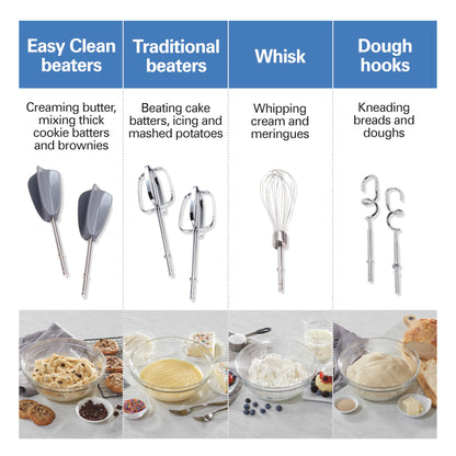 Hamilton Beach 6-Speed Electric Hand Mixer for Baking, 275W, Easy Clean Beaters, Dough Hooks, Whisk, Snap-On Storage Case, Blue (62677J) Hamilton Beach