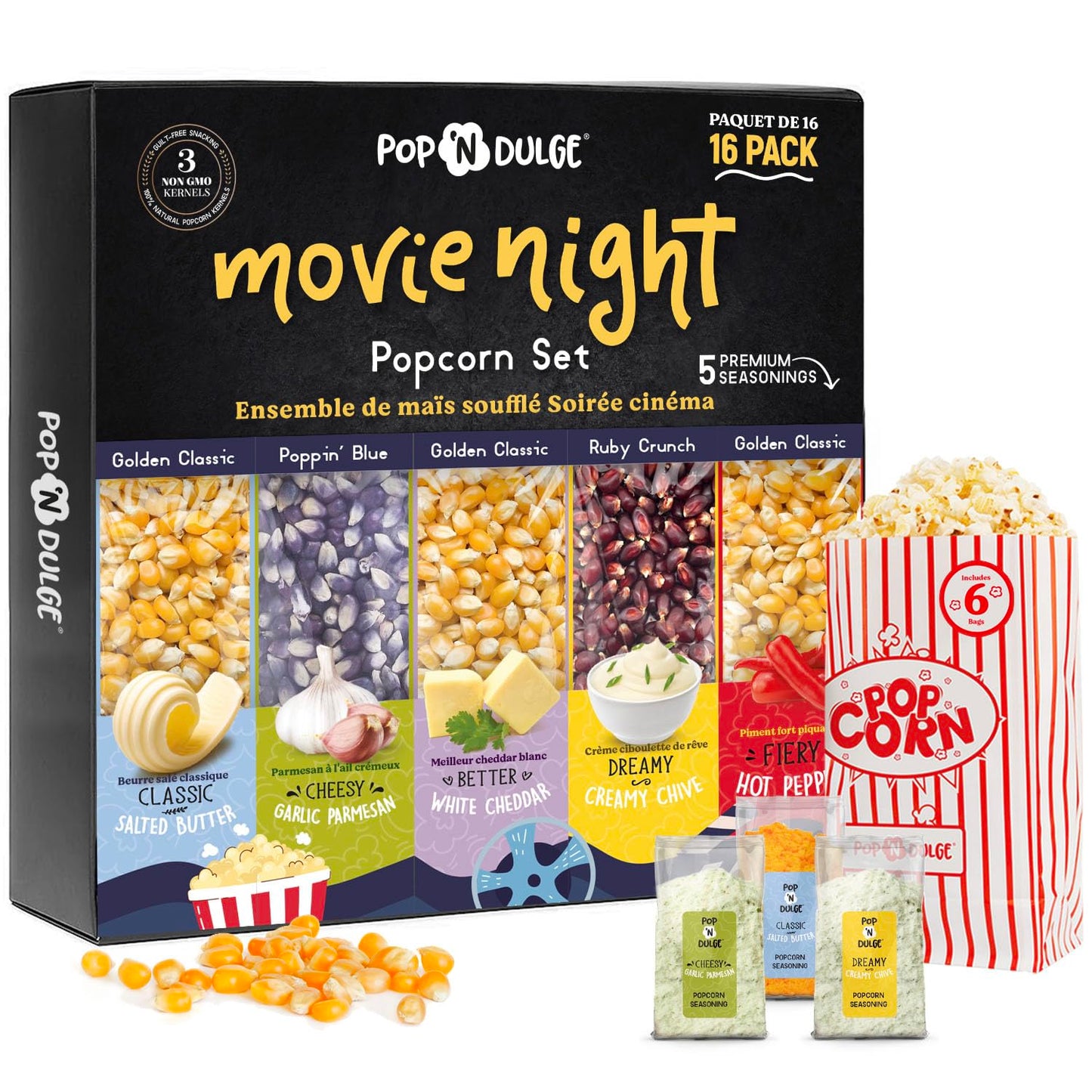 Pop n' Dulge Movie Night Popcorn Kit - 16 Pack with 5 Gourmet Kernels & 5 Seasonings