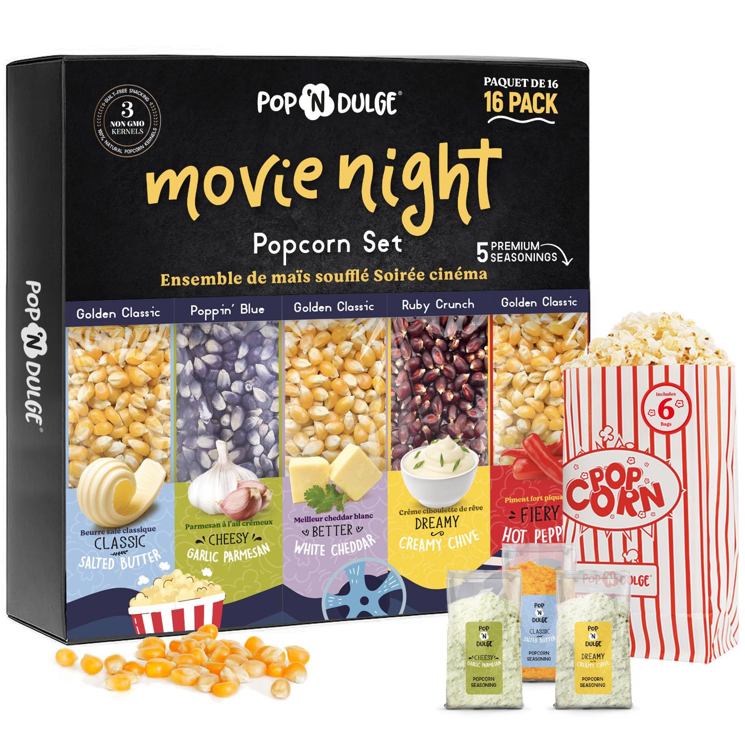 Pop n' Dulge Movie Night Popcorn Kit - 16 Pack with 5 Gourmet Kernels & 5 Seasonings