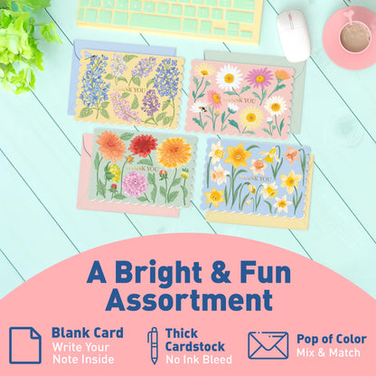 S&O Floral Thank You Cards with Envelopes – 36 Blank Cards – 4 Assorted Sunlit Meadows Designs with Gold Foil – 3.5x5" Pastel Thank You Note Cards – Pink, Green, Yellow & Blue Envelopes - Available at All In One Marketplace Canada