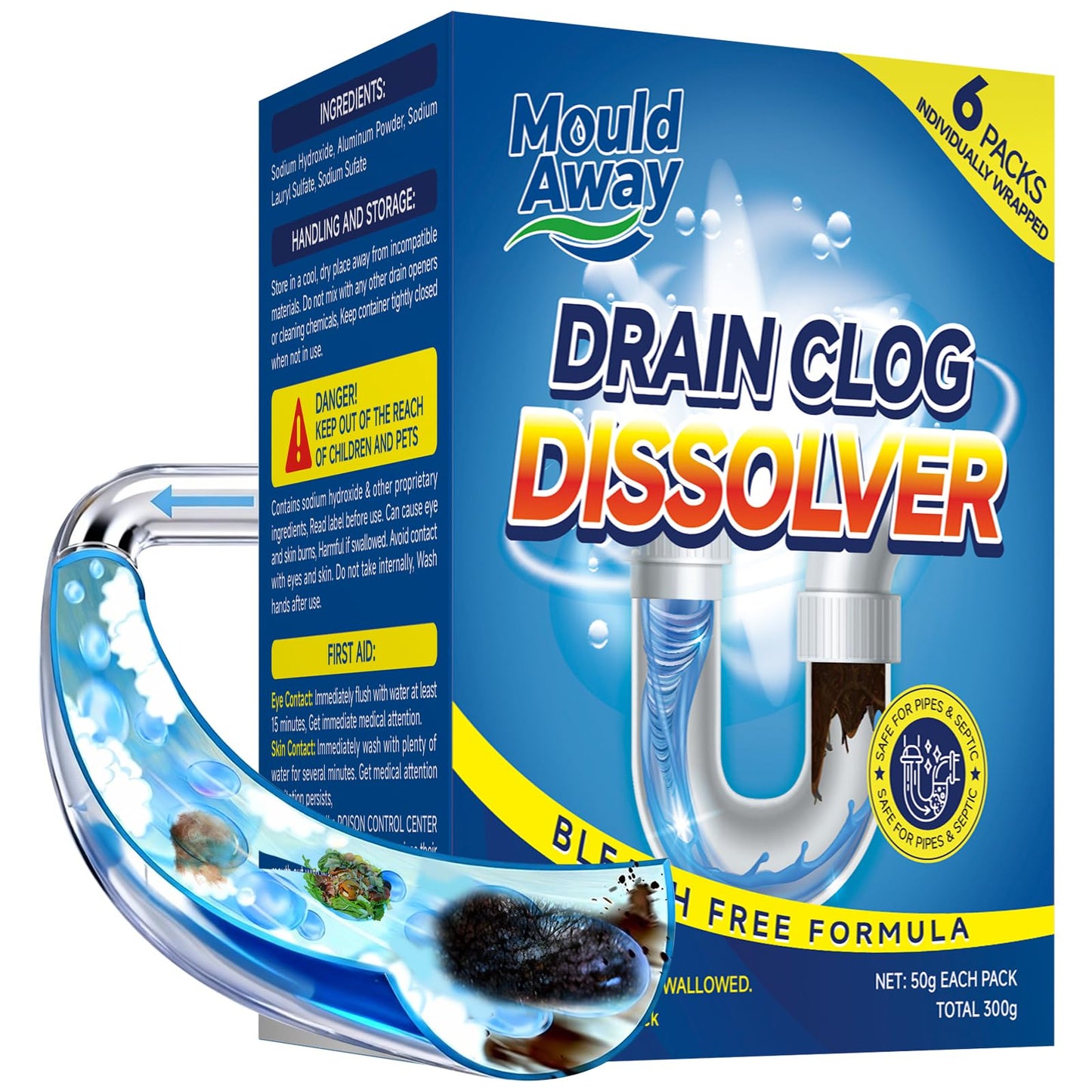 Drain Clog Remover, 6 Pre-Measured Packs Drain Openers, Bleach-Free Drains Cleaner & Deodorizer for Hair, Grease, Soap Scum, Paper, Sink & Shower Unclogger - Available at All In One Marketplace Canada