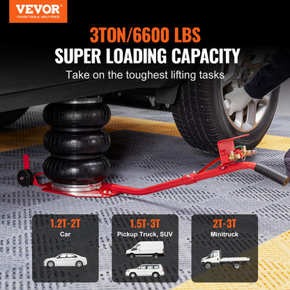 VEVOR Air Jack, 3 Ton/6600 lbs Triple Bag Air Jack, Airbag Jack with Six Steel Pipes, Lift up to 17.7 inch/450 mm, 3-5 s Fast Lifting Pneumatic Jack, with Long Handles for Cars, Garages, Repair, (Red) VEVOR