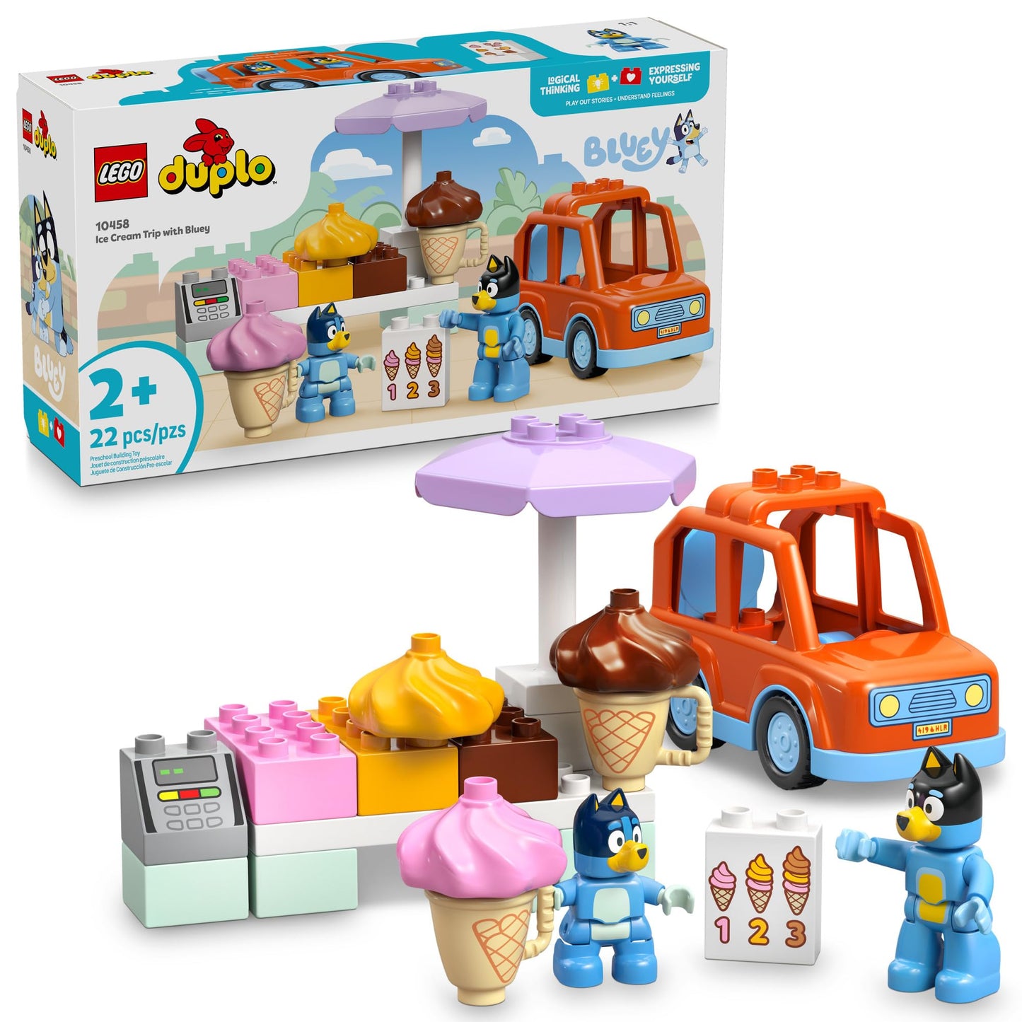 LEGO DUPLO Bluey Ice Cream Trip with Bluey - Toddler Toy for Kids, Boys, and Girls Ages 2+ - Includes Figure and Ice Cream Stand - Sensory Toy for Pretend Play - Preschool Gift Idea - 10458 LEGO