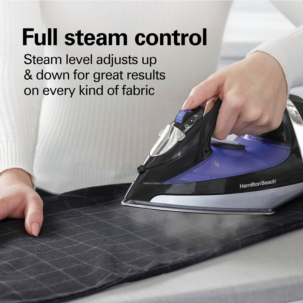 Hamilton Beach Steam Iron for Clothes, Retractable Cord Iron, Stainless Steel Soleplate, 1200W, Vertical Steam, Spray & Steam Boost, Black, 14214J
