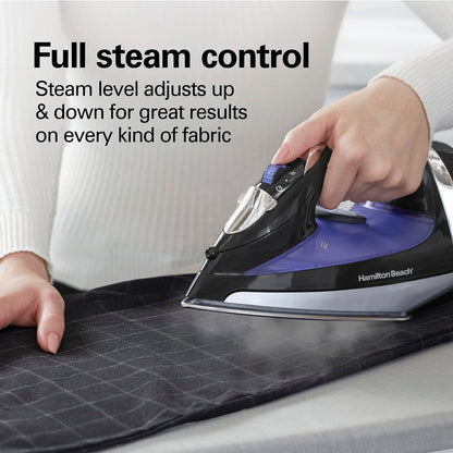 Hamilton Beach Steam Iron for Clothes, Retractable Cord Iron, Stainless Steel Soleplate, 1200W, Vertical Steam, Spray & Steam Boost, Black, 14214J