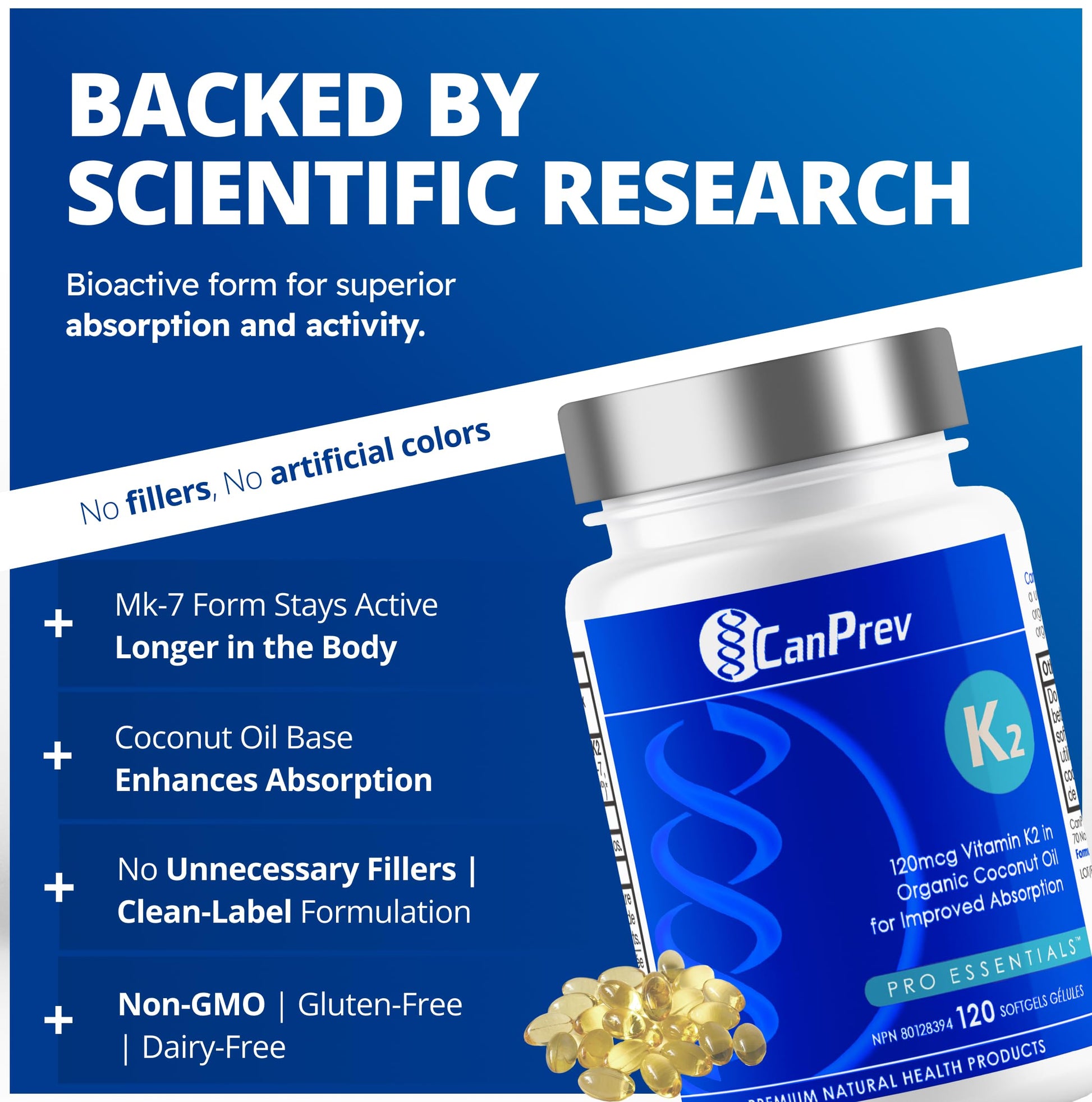 CanPrev K2 120mcg with Organic Coconut Oil, 120 Softgels 120-Day Supply, Pure MK-7 for Enhanced Absorption, Support for Stronger Bones and Healthy Teeth - Available at All In One Marketplace Canada