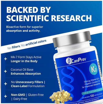 CanPrev K2 120mcg with Organic Coconut Oil, 120 Softgels 120-Day Supply, Pure MK-7 for Enhanced Absorption, Support for Stronger Bones and Healthy Teeth - Available at All In One Marketplace Canada
