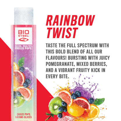BioSteel Electrolyte Freeze Pops, 27 Count – Zero Sugar Sports Hydration, 5 Essential Electrolytes, No Artificial Colours or Sweeteners, Caffeine-Free | Blue Raspberry, Rainbow Twist & White Freeze