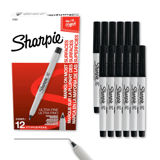 Sharpie Permanent Markers, Ultra Fine Point, Black, 12 Count