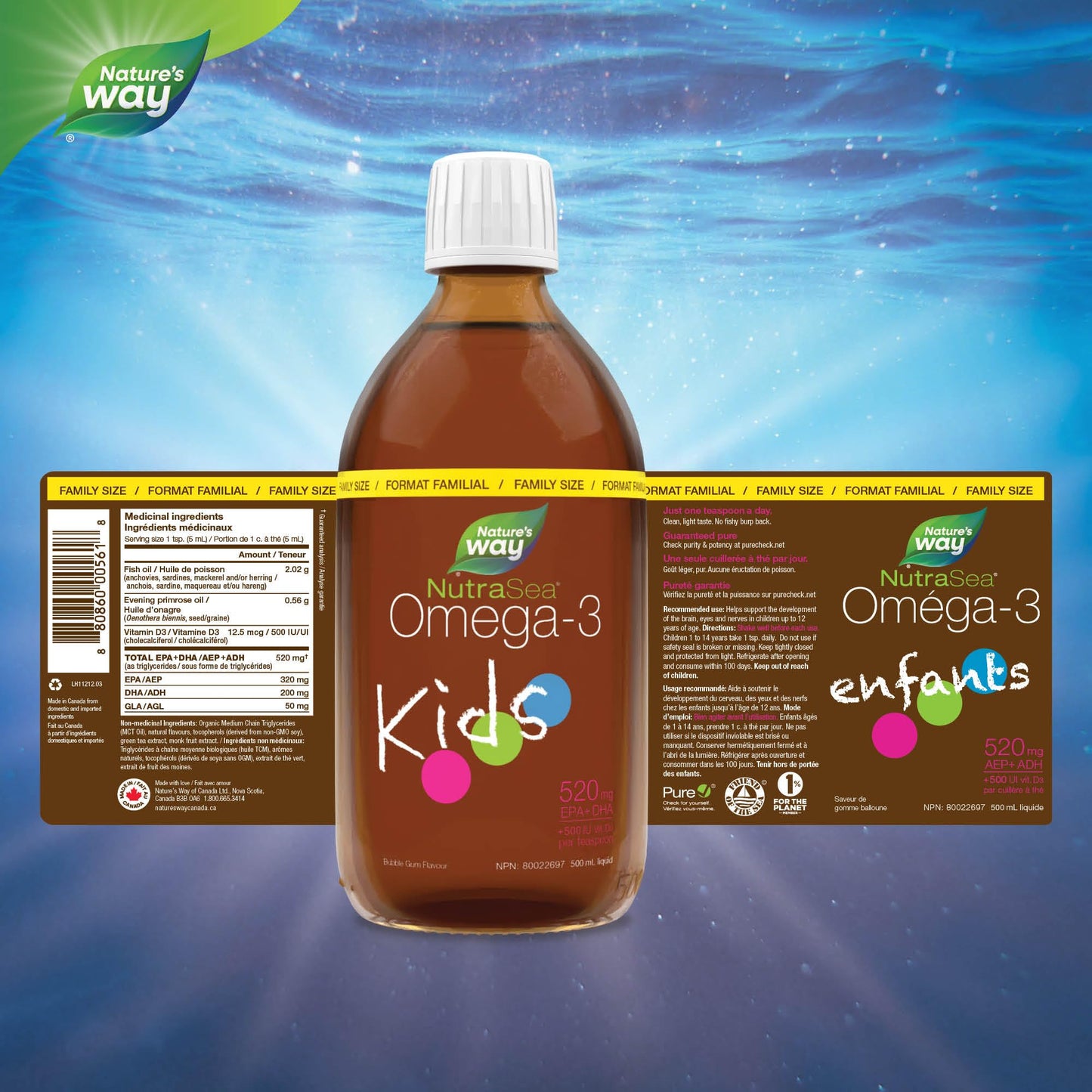 Nature's Way NutraSea Kids Omega 3 Fish Oil Liquid Supplement for Kids Ages 1 to 14 – Bubblegum Flavour – Brain & Eye Development – EPA & DHA, 500 mL Value Size - Available at All In One Marketplace Canada
