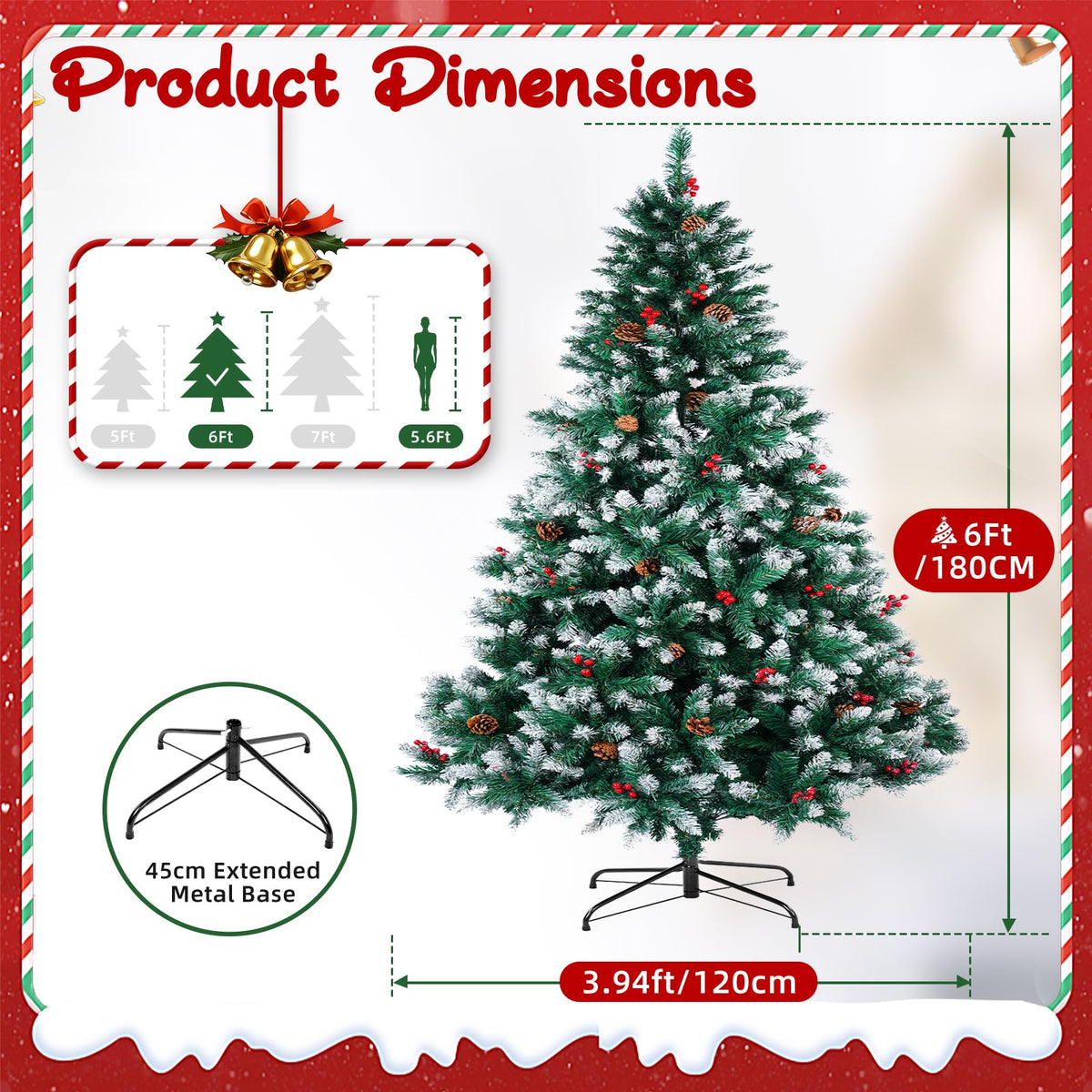 Artificial Christmas Tree, 6FT Holiday Xmas Tree 1400 Branch Tips, Upgraded Metal Base, Includes 6 Different Decorations 🍁 All In One Marketplace Canada