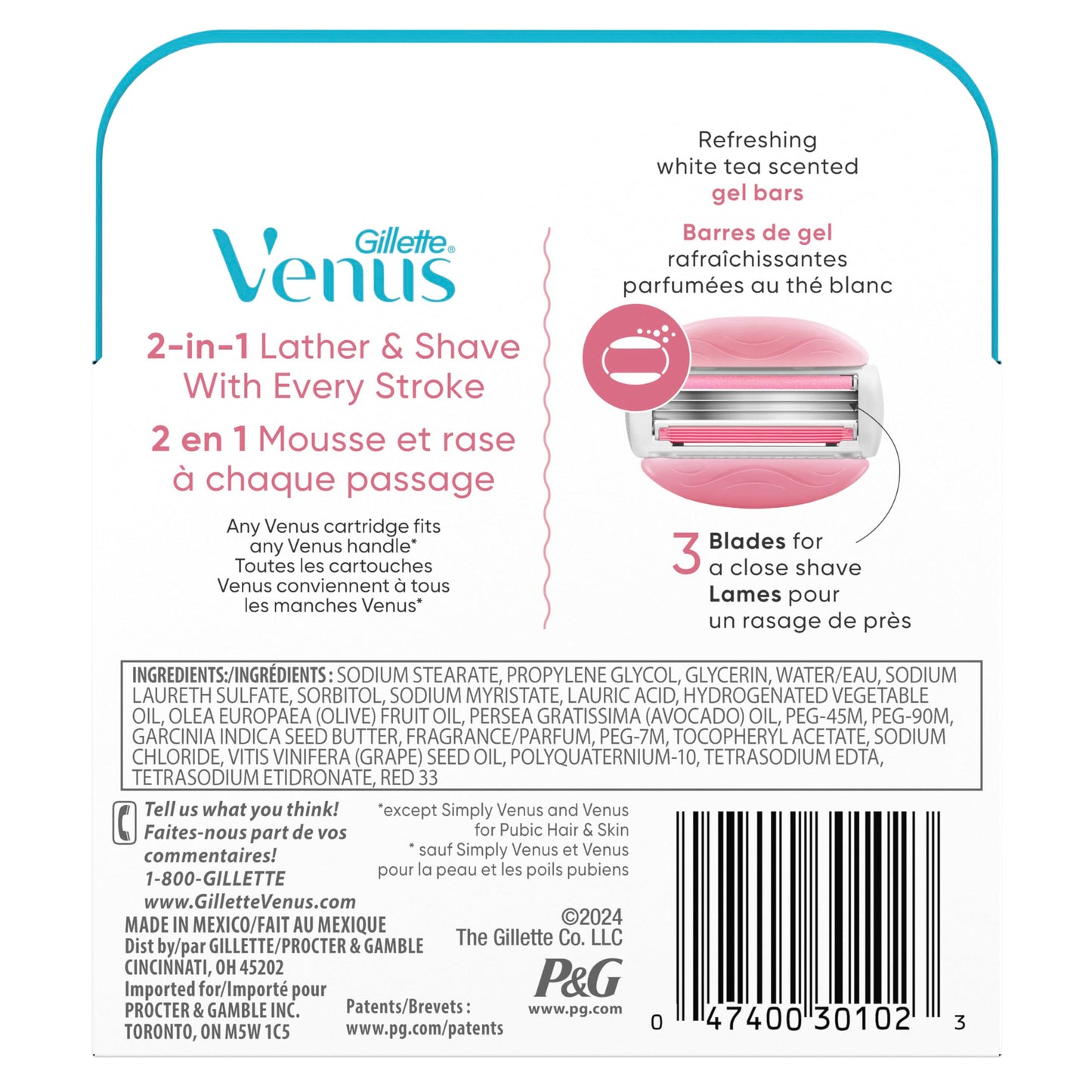 Venus ComfortGlide White Tea Women's Razor Blades, 4 Razor Blade Refills - Available at All In One Marketplace Canada