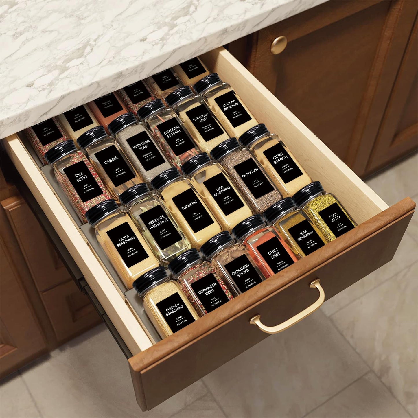 AISIPRIN 24 Pcs Glass Spice Jars with 398 Labels, 4oz Empty Square Containers Seasoning Bottles - Shaker Lids, Funnel, Brush and Marker Included(Black Metal Caps) - Available at All In One Marketplace Canada