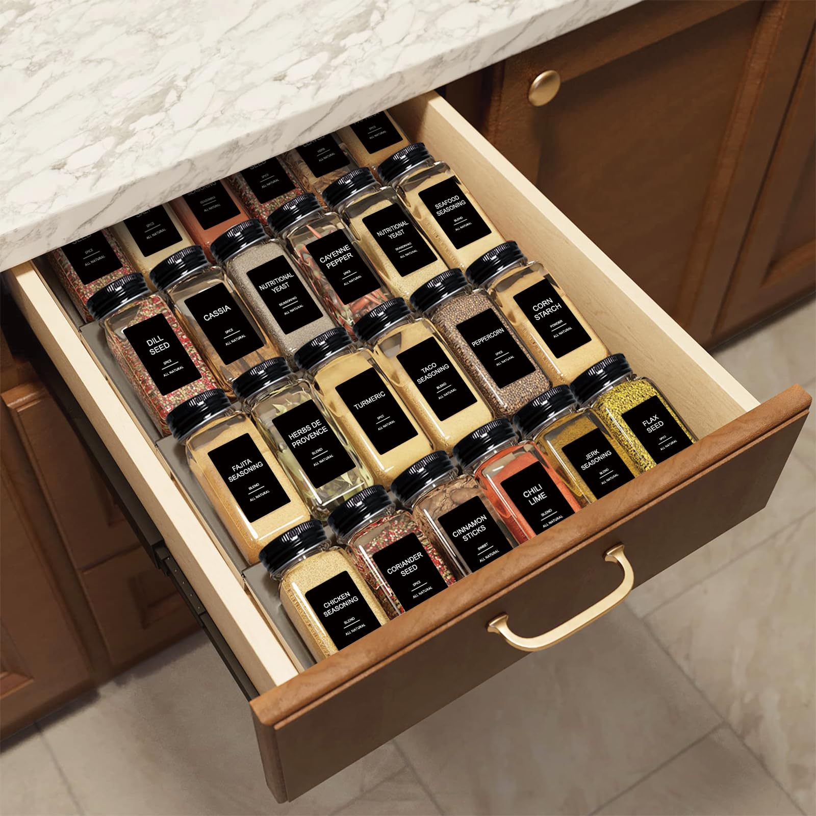 AISIPRIN 24 Pcs Glass Spice Jars with 398 Labels, 4oz Empty Square Containers Seasoning Bottles - Shaker Lids, Funnel, Brush and Marker Included(Black Metal Caps) - Available at All In One Marketplace Canada