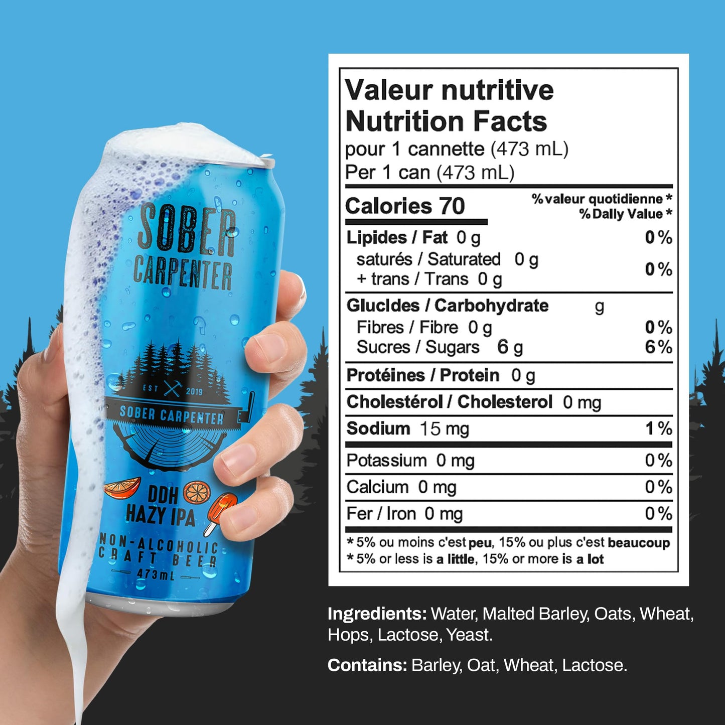 SOBER CARPENTER - DDH Hazy IPA Beer (Craft), All-Occasion Non Alcoholic Beer (with Lactose), Non Alcoholic Spirits & Alcohol Alternative, Low Calorie Drink with 70 Calories, Pack of 12 (16 oz Ea) Sober Carpenter