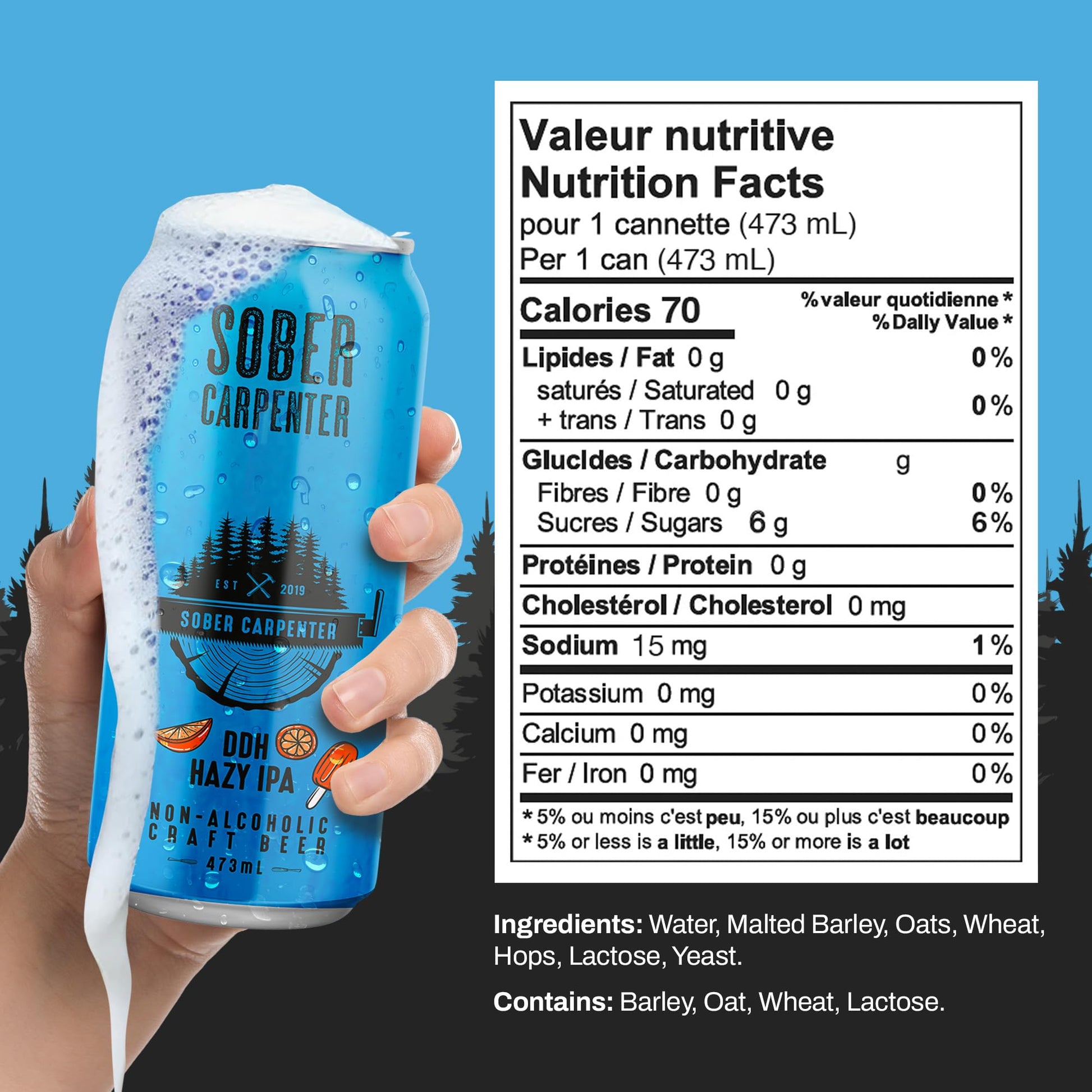 SOBER CARPENTER - DDH Hazy IPA Beer (Craft), All-Occasion Non Alcoholic Beer (with Lactose), Non Alcoholic Spirits & Alcohol Alternative, Low Calorie Drink with 70 Calories, Pack of 12 (16 oz Ea) Sober Carpenter