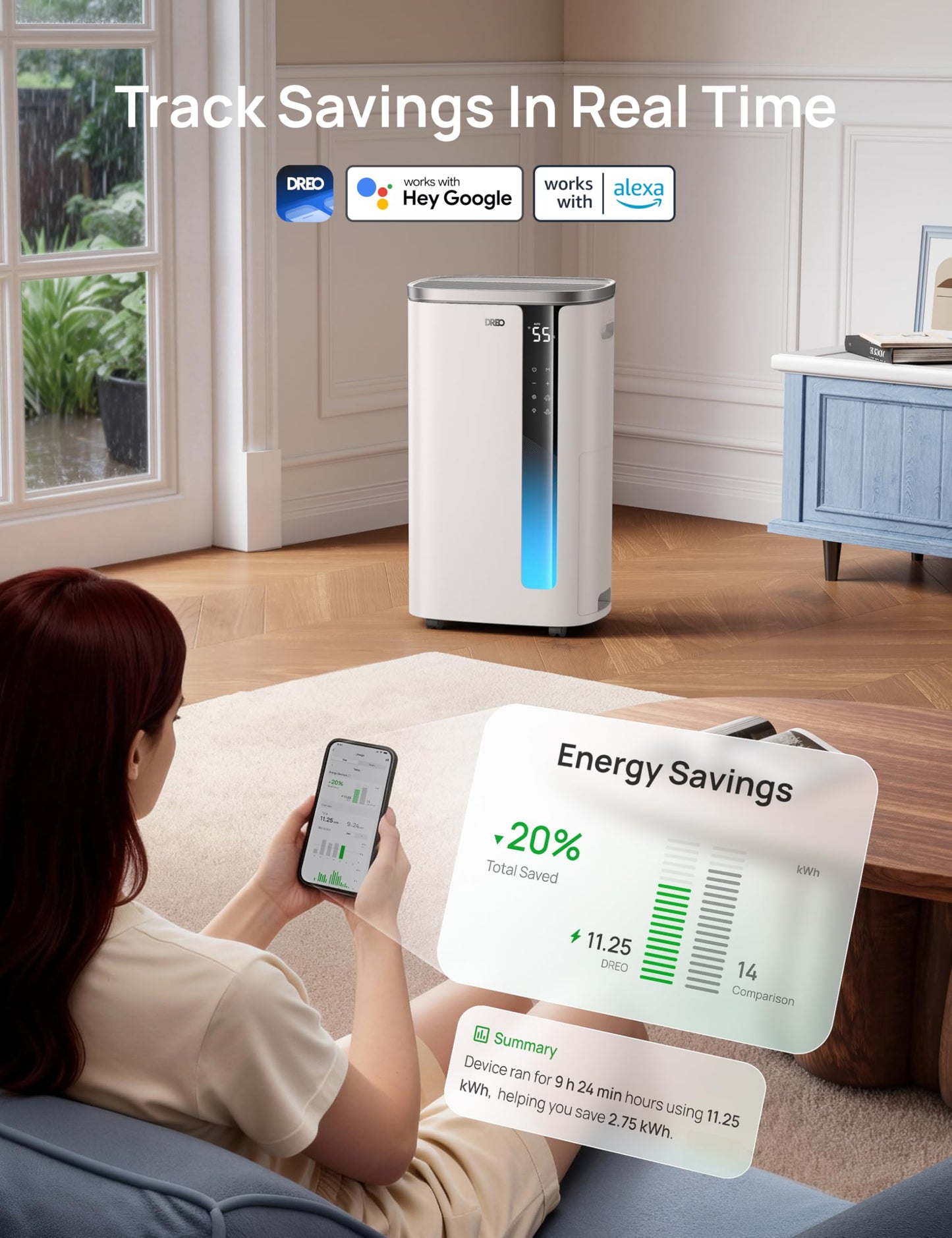 DREO 73 Pint Smart Dehumidifiers for Basements, Energy Star 6.0 Dehumidifier, Quiet 41dB, Auto Humidity Control, 3 Fan Speeds, 24H Timer, with Drain Hose, for Home up to 2000 Sq Ft, Bathroom & Bedroom DREO
