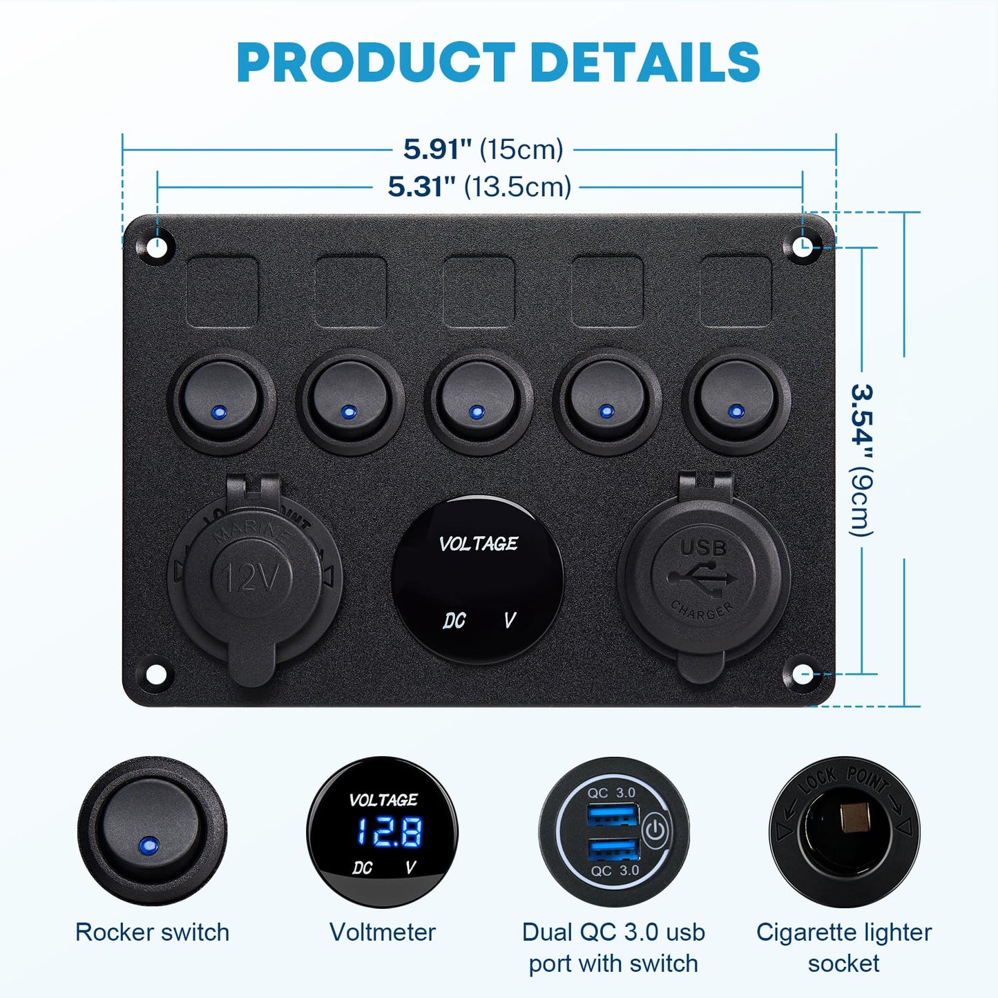 Kohree 5 Gang 12V Switch Panel, Rocker Switch Panel with Touch Switch Kohree