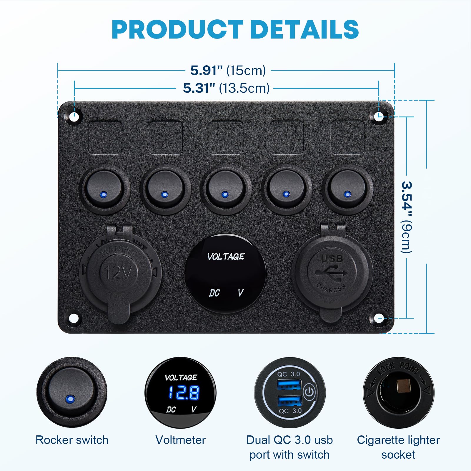Kohree 5 Gang 12V Switch Panel, Rocker Switch Panel with Touch Switch Kohree