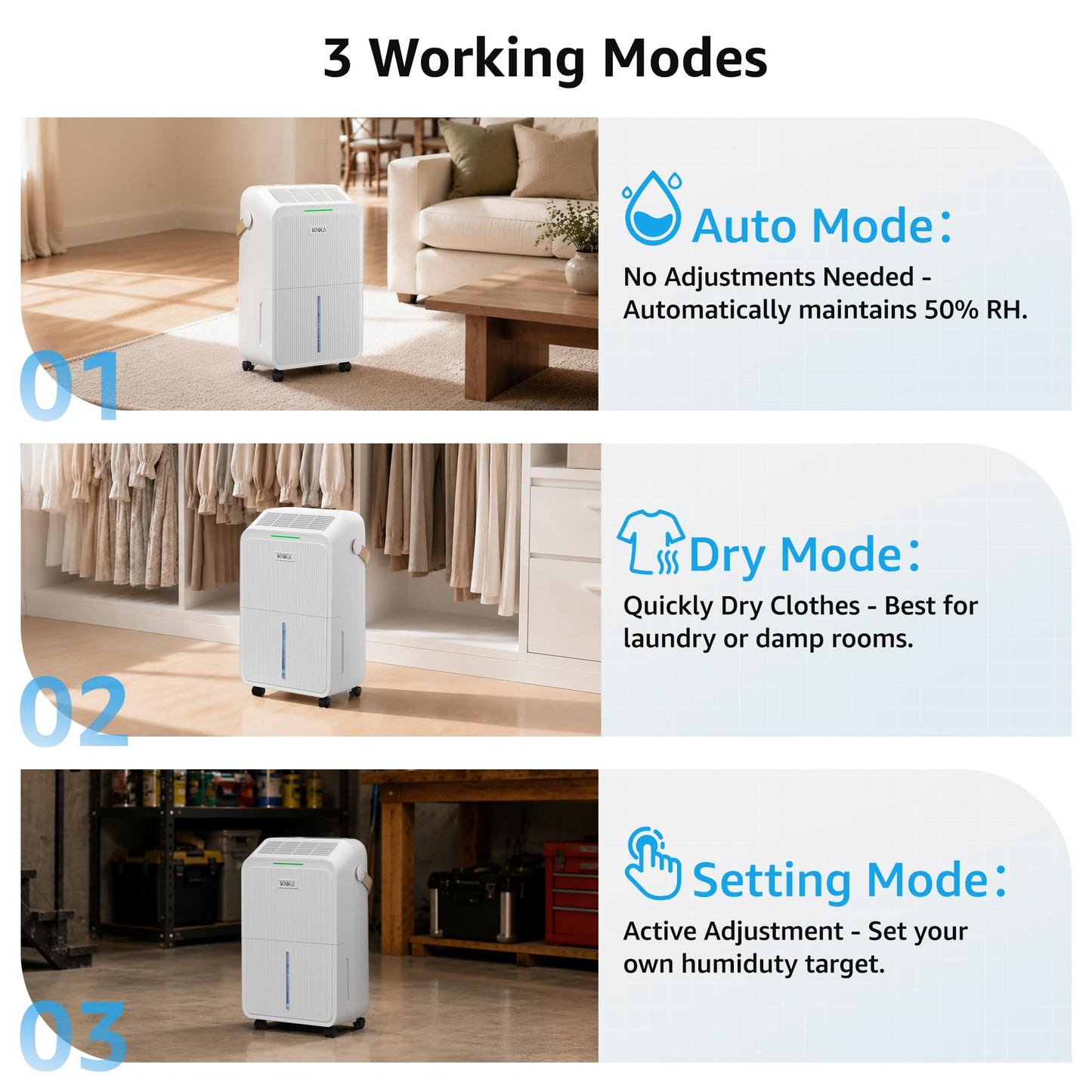 Dehumidifier for Basement with Drain Hose Max 34 Pints, KNKA 2500 Sq.Ft Dehumidifiers for Home, Large Room, Bathroom, Three Operation Modes, Intelligent Humidity Control, Dry Clothes, 24HR Timer