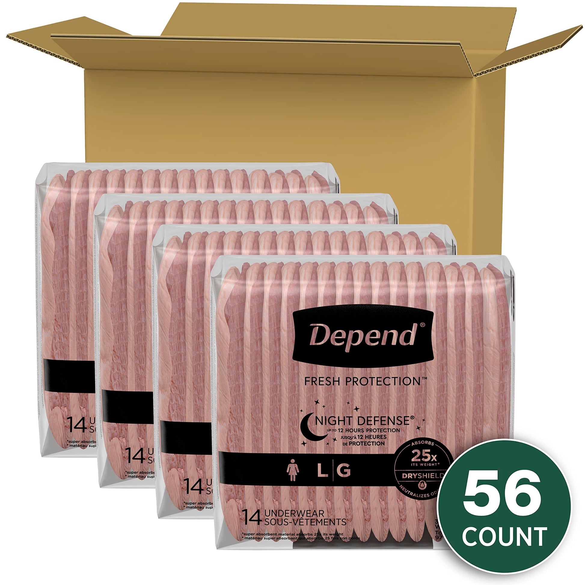 Depend Night Defense Adult Incontinence Underwear for Women, Disposable, Overnight, Large, Blush, 56 Count Depend