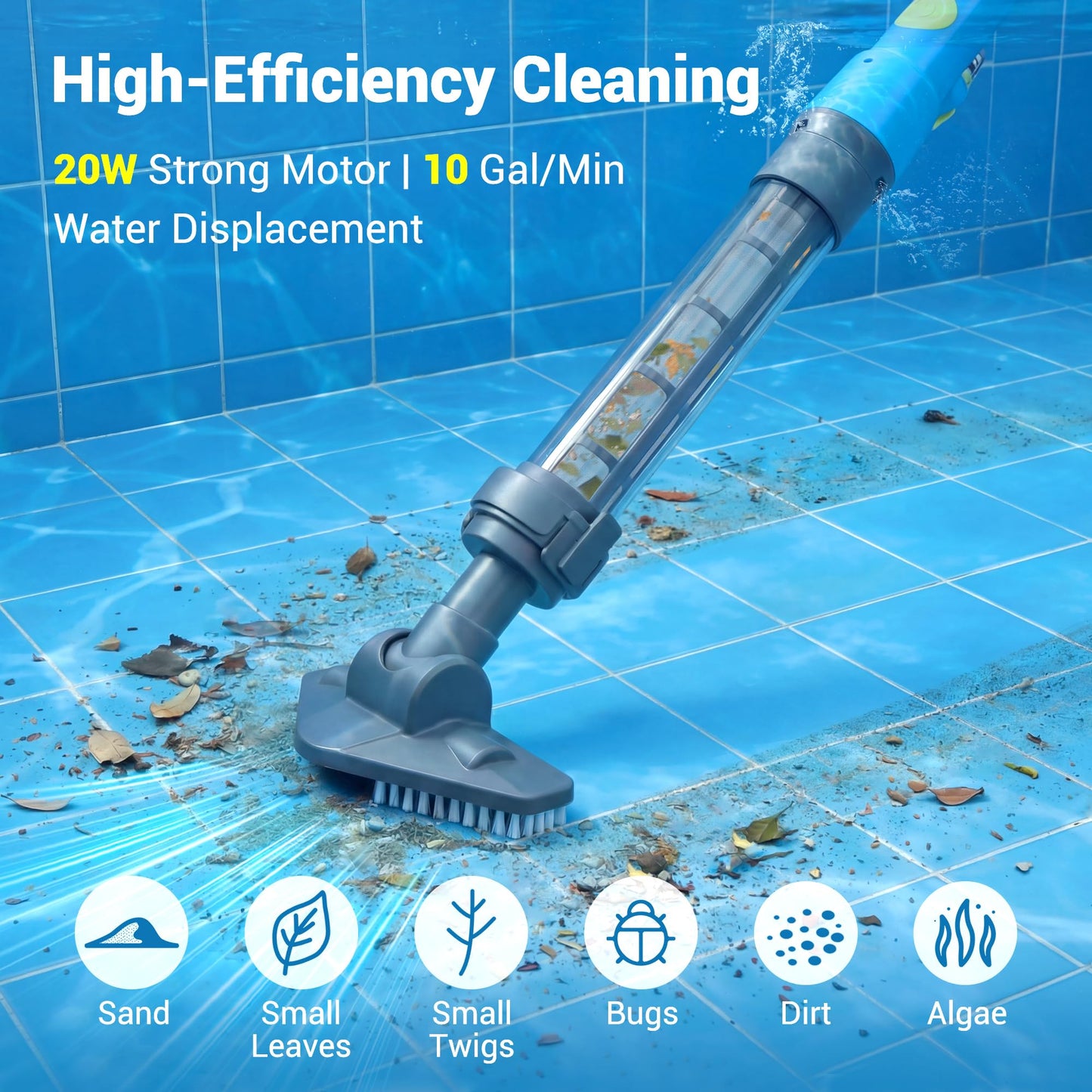 Hushlight Handheld Hot Tub Vacuum – Lightweight Stick Cleaner for Above-Ground Pools, Includes 2 Brush Heads for Debris and Sand (Blue) - Available at All In One Marketplace Canada