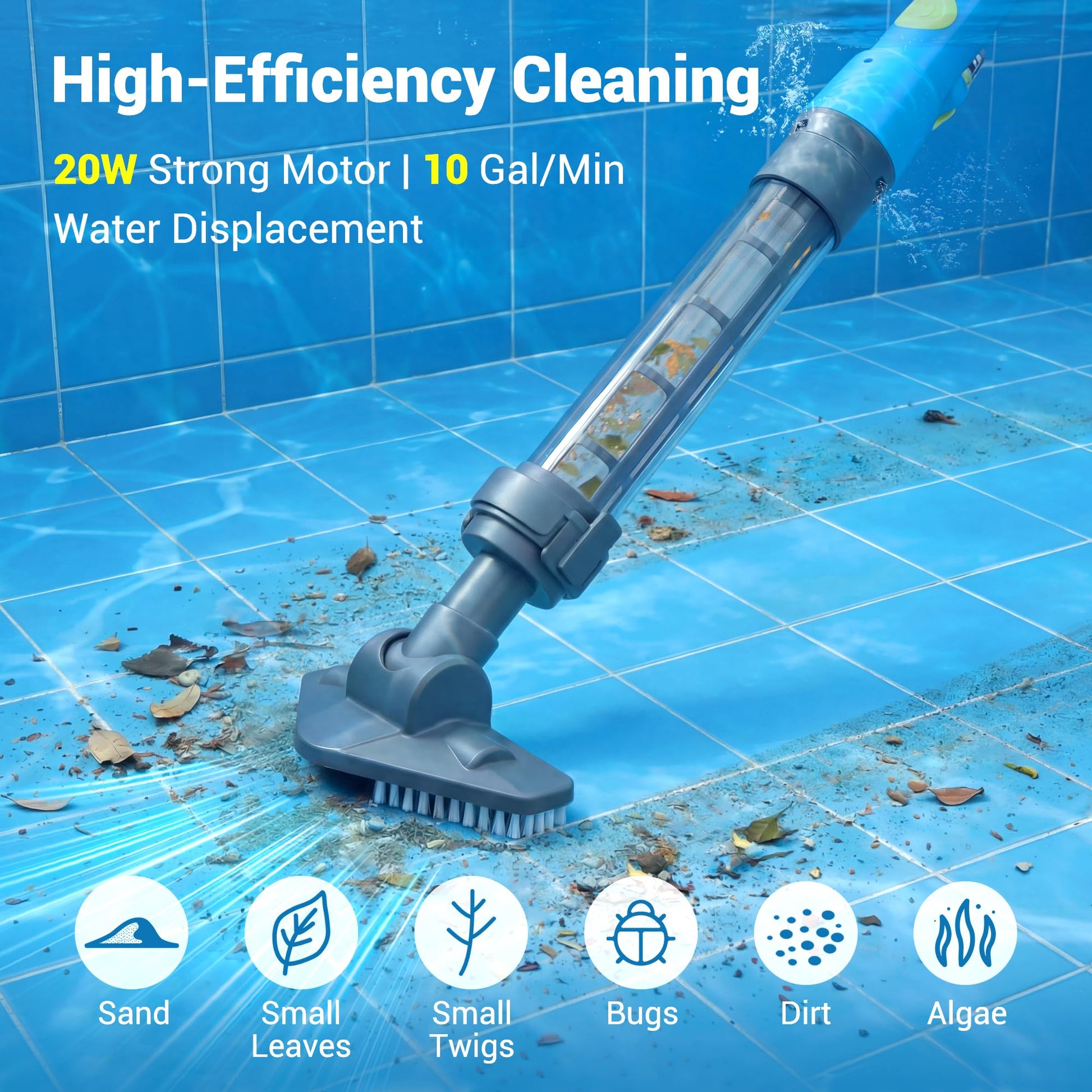 Hushlight Handheld Hot Tub Vacuum – Lightweight Stick Cleaner for Above-Ground Pools, Includes 2 Brush Heads for Debris and Sand (Blue) - Available at All In One Marketplace Canada
