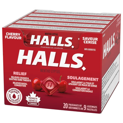 Halls, Cherry Flavour Cough Drops, Throat Lozenges, 20 Packs
