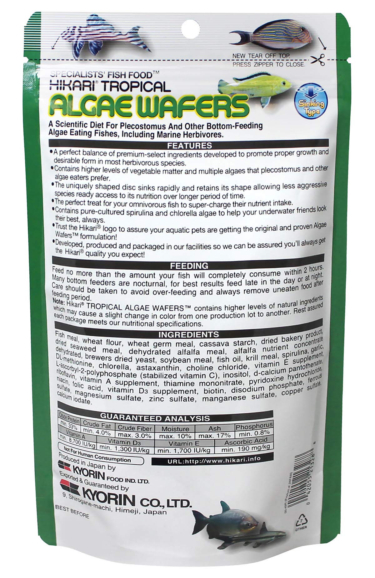Hikari Tropical Algae Wafers Fish Food for Plecostomus & Algae Eaters, 8.8 oz (250g) Hikari