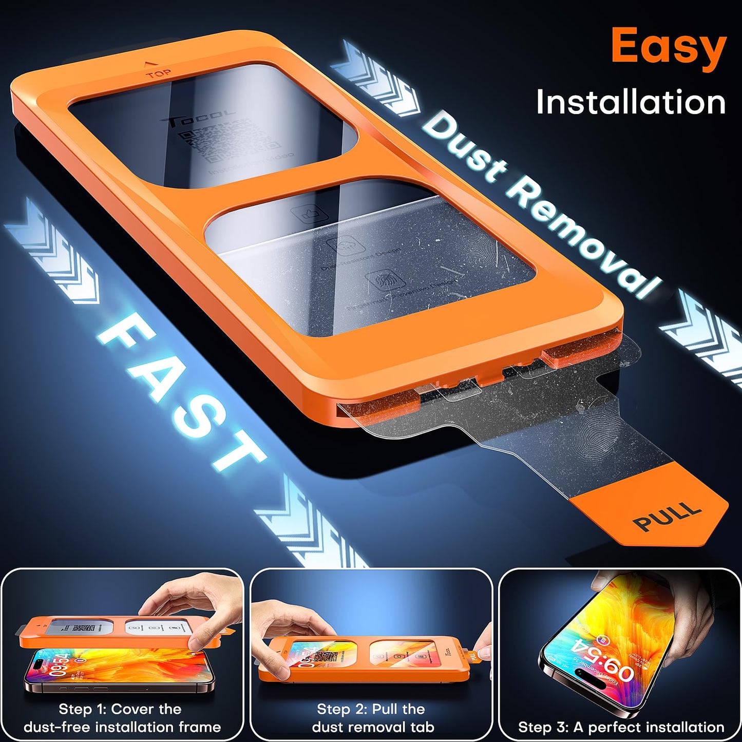 TOCOL 2 Pack for iPhone 16 Pro Screen Protector [Instant Installation][Auto-Dust Removal][HD Clear], Unbreakable 9H+Hardness Shatterproof Tempered Glass [Bubble Proof]