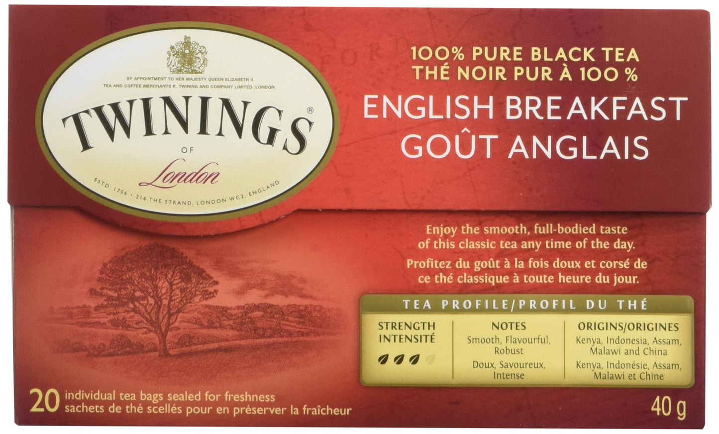 Twinings English Breakfast Individually Wrapped Teabags, Caffeinated, Smooth, Flavourful Black Tea, 20 Count (Pack of 6), Enjoy Hot or Iced