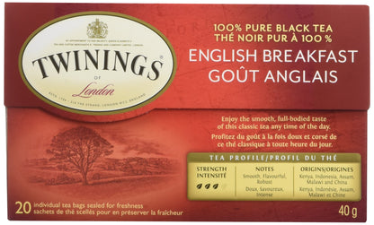 Twinings English Breakfast Individually Wrapped Teabags, Caffeinated, Smooth, Flavourful Black Tea, 20 Count (Pack of 6), Enjoy Hot or Iced