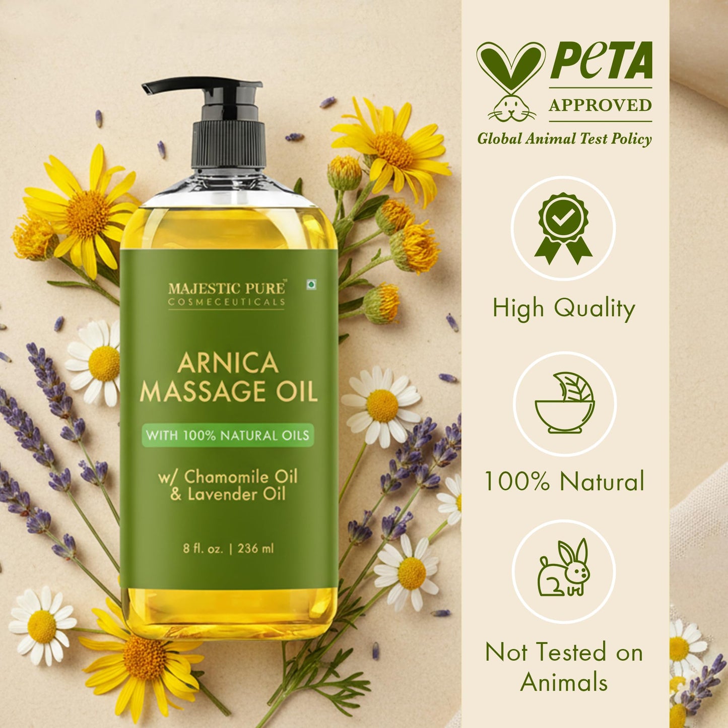 MAJESTIC PURE Arnica Massage Oil for Massage Therapy - with Lavender and Chamomile Essential Oils - Multipurpose Instant Absorption Full Body Massage - 8 fl. oz - Available at All In One Marketplace Canada