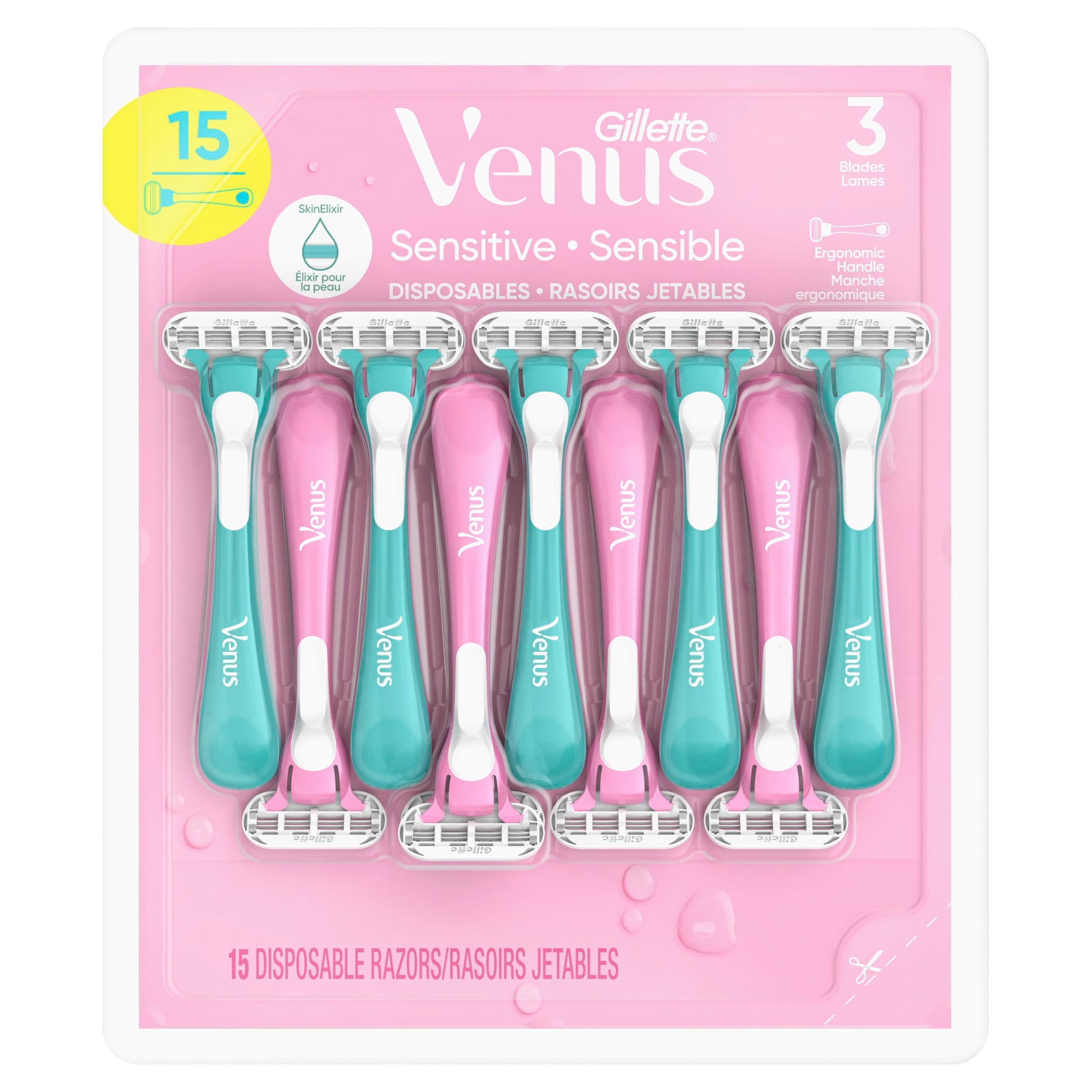 Gillette Venus Sensitive Disposable Razors for Women with Sensitive Skin, Delivers Close Shave with Comfort, 15 Count (Pack of 1) - Available at All In One Marketplace Canada