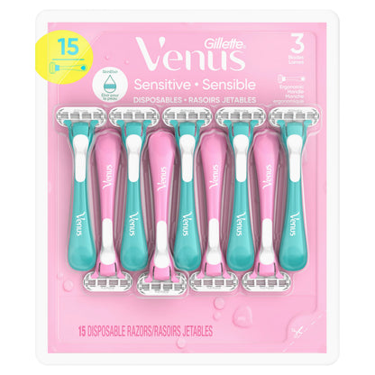 Gillette Venus Sensitive Disposable Razors for Women with Sensitive Skin, Delivers Close Shave with Comfort, 15 Count (Pack of 1) - Available at All In One Marketplace Canada