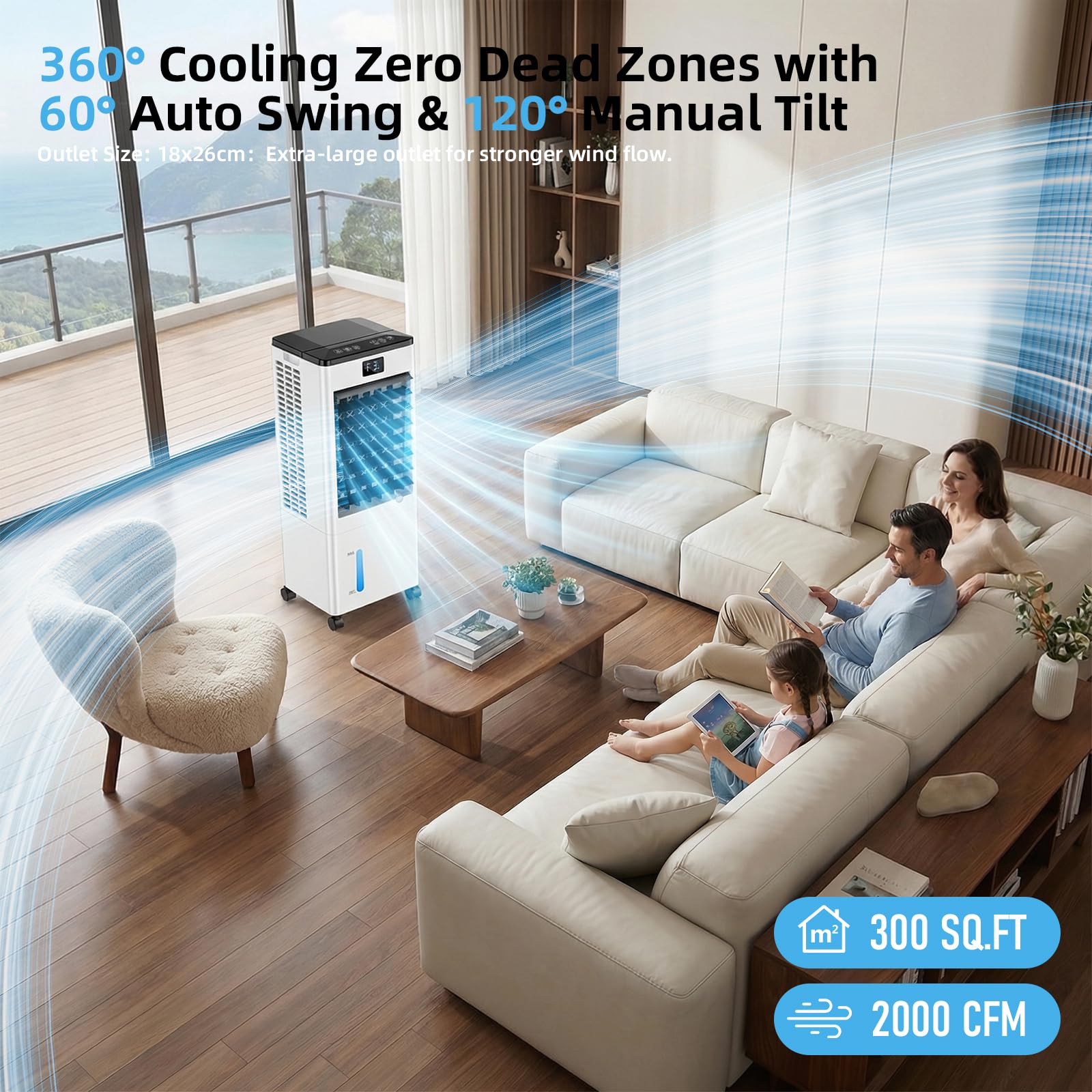 Portable Air Conditioners, Evaporative Air Cooler with Remote & LED Display, 120° Oscillation, 12H Timer, 3 Speeds & 4 Modes, 60W Energy-Efficient, Windowless Swamp Cooler for Bedroom Office Garage - Available at All In One Marketplace Canada