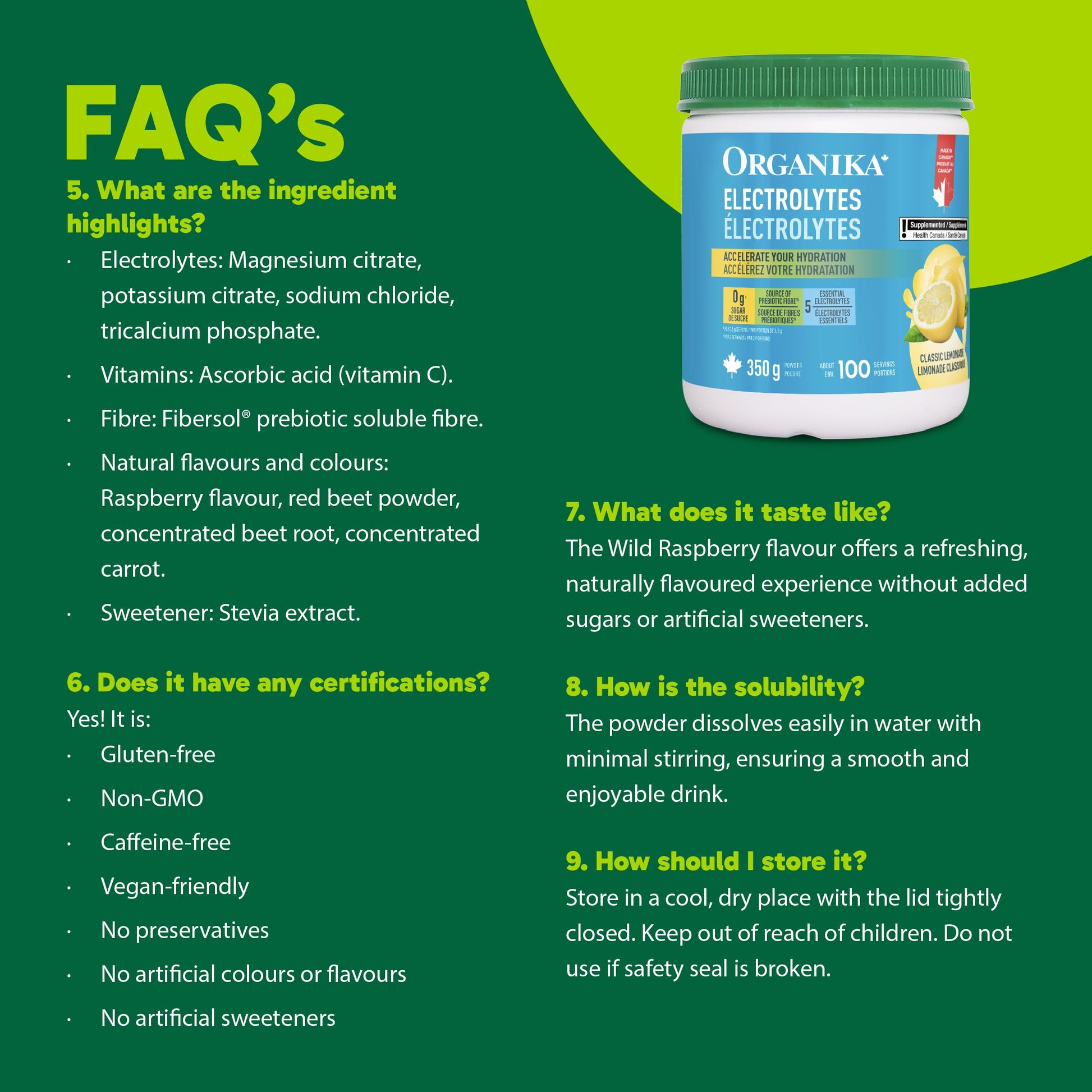 Organika Canadian-Made Electrolytes Powder with Vitamin C & Prebiotic Fibre - Sugar-Free Hydration Drink Mix - Classic Lemonade - 350 g - 100 servings Organika